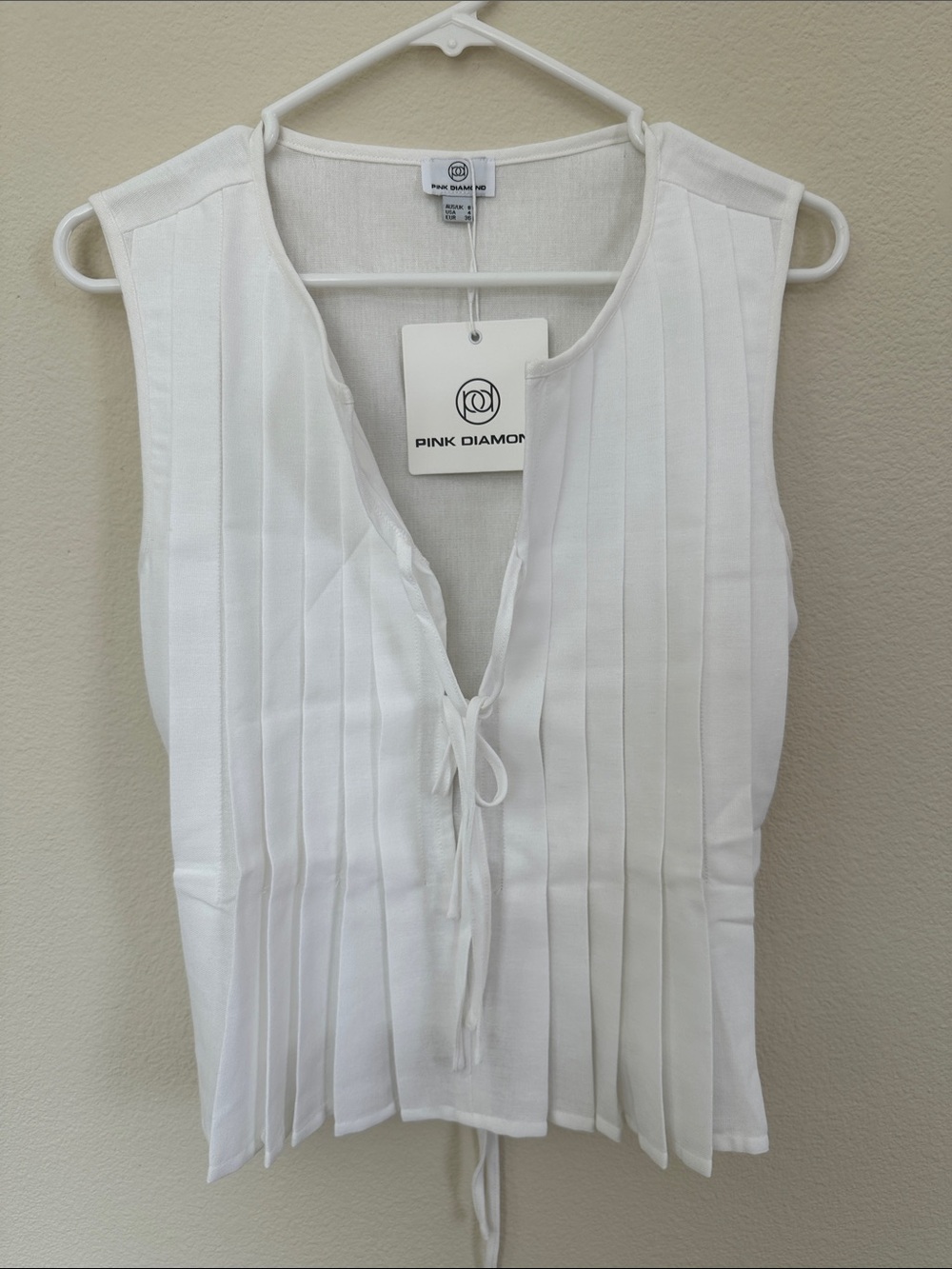Linen Blend Women's White Pleated Tie-Front Blouse